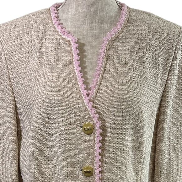 St. John Collection Knit Suit Set Beige Pink Tweed Blazer Jacket Skirt SZ 12 - Picture 2 of 16